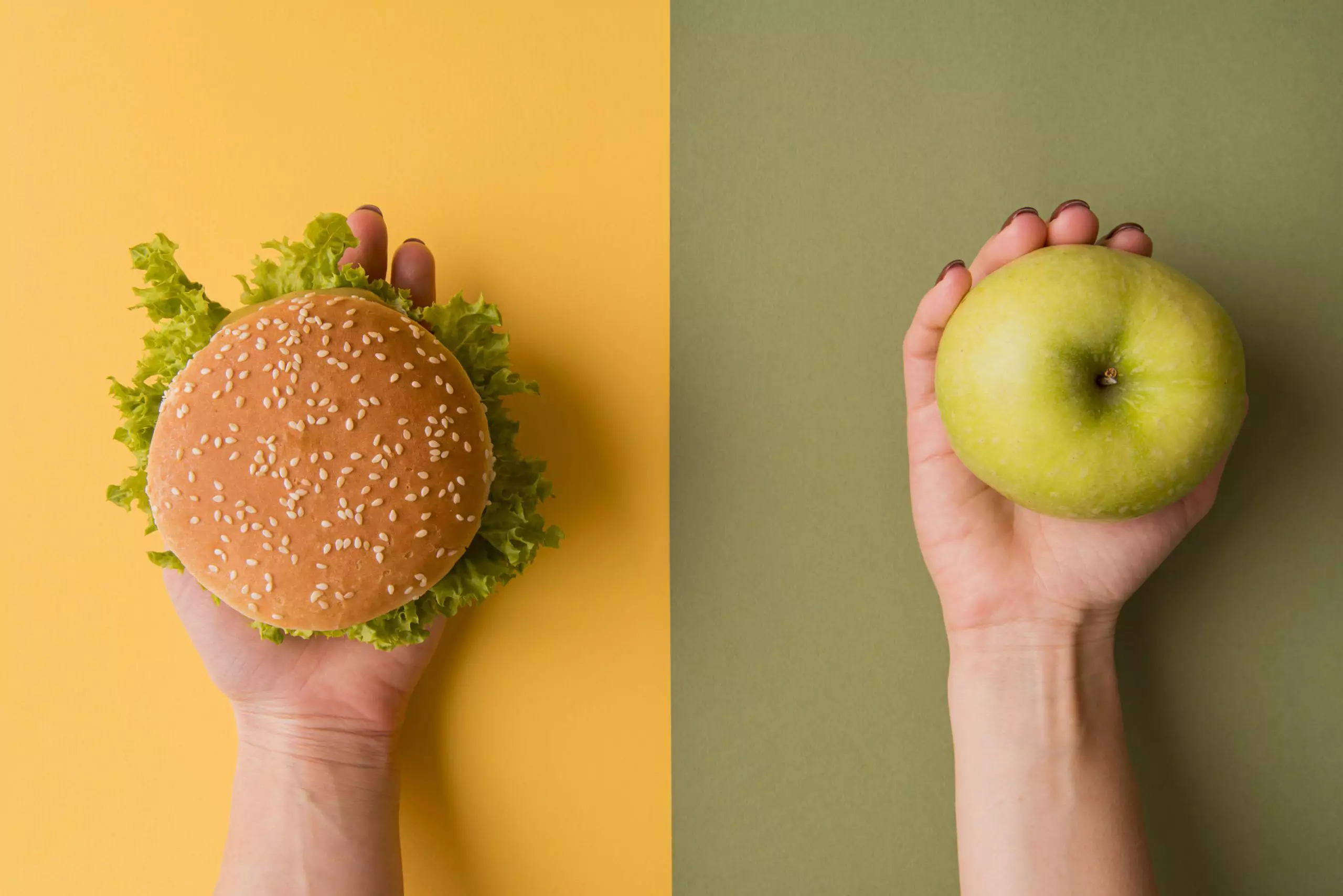 Hamburger and apple illustrate bad and good diet for kidneys