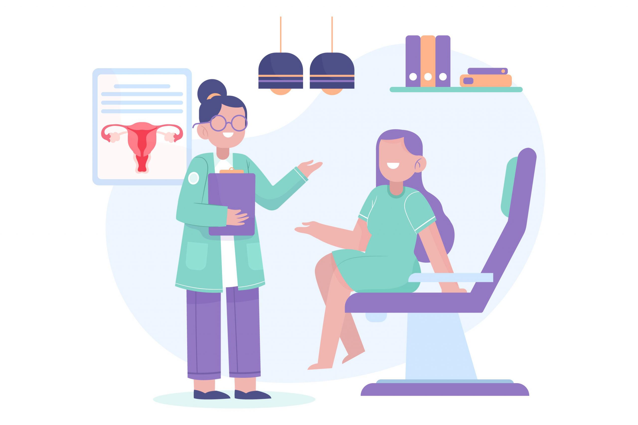 Woman and her OBGYN before a pelvic exam for fibroids