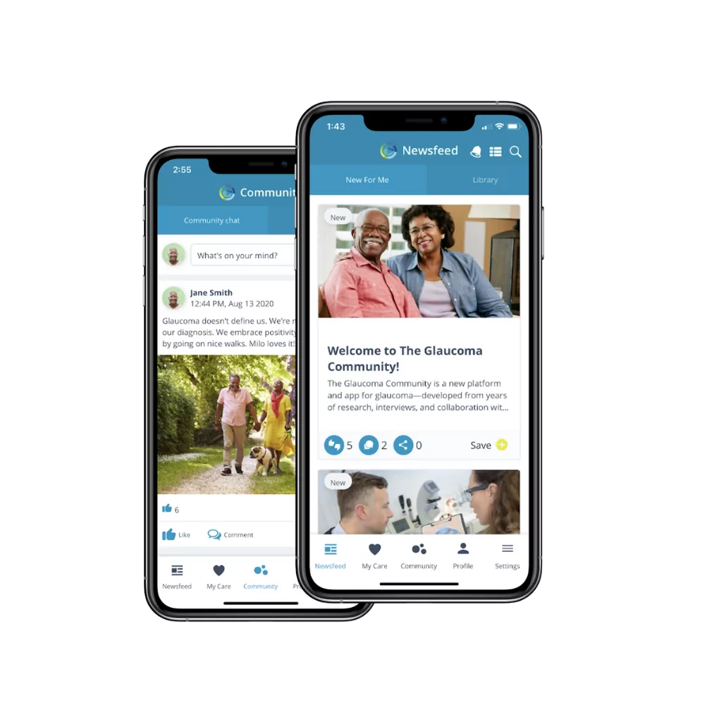 Two smart phones with The Glaucoma Community app on their screens