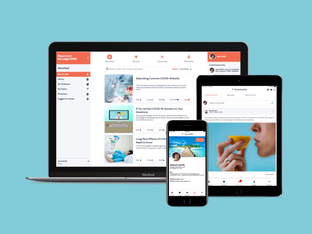 Laptop, tablet, and mobile device with Responsum for Long COVID on the screen